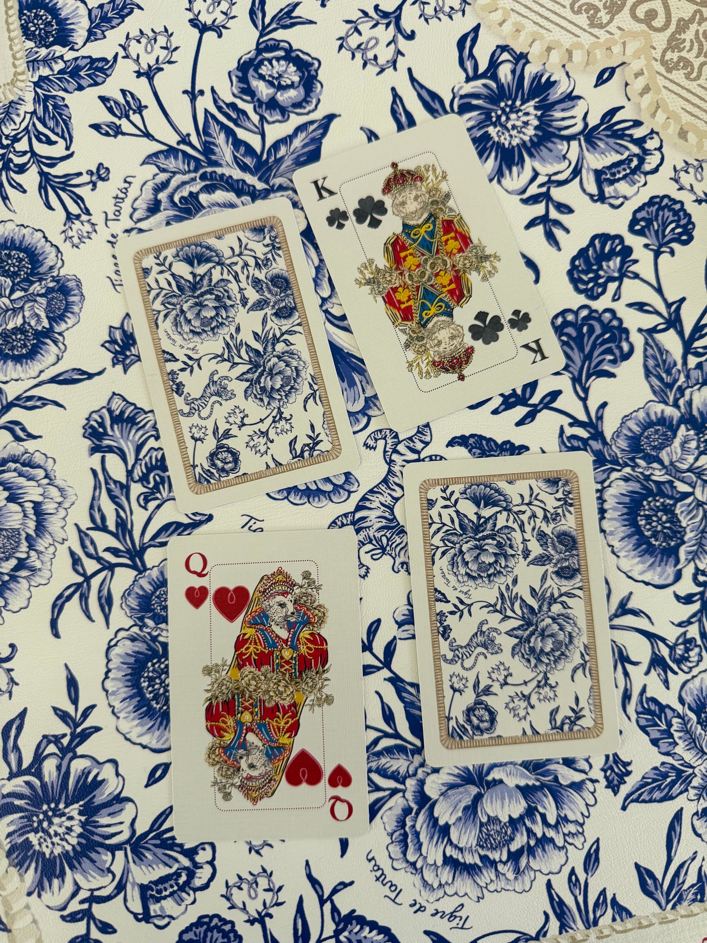 Illustrated Playing Cards with Tiger Motif and Needlepoint Accents, CHINOISERIE BLEU