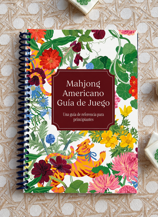 Cover of the spiral-bound Spanish edition, Mahjong Americano Guía de Juego, with the same tiger and flower artwork