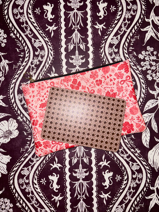 Ditsy Christmas MARASCHINO medium leather pouch with a mahjong card on a dark floral background
