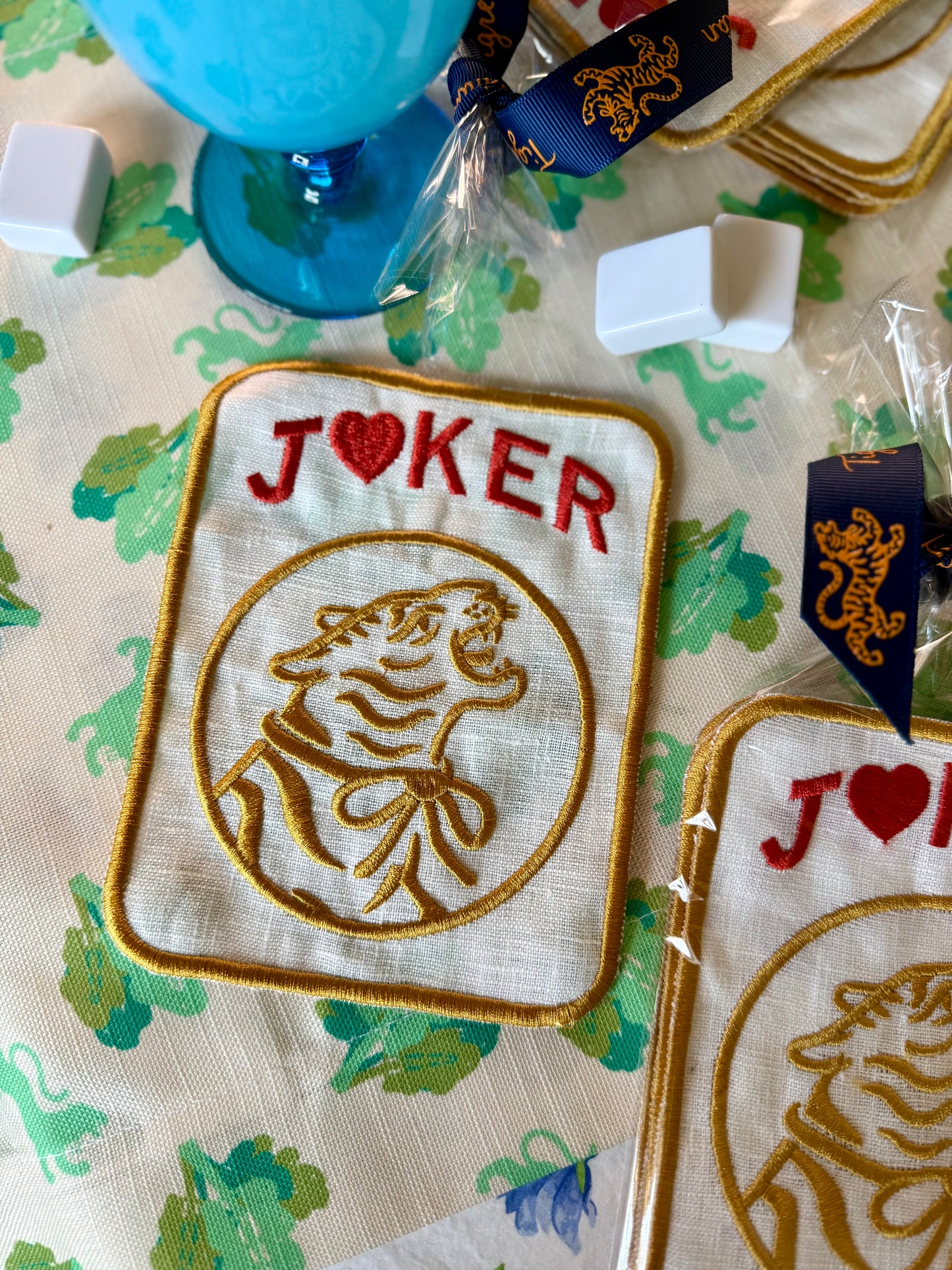 Embroidered Linen Cocktail Napkins- TIGER JOKERS