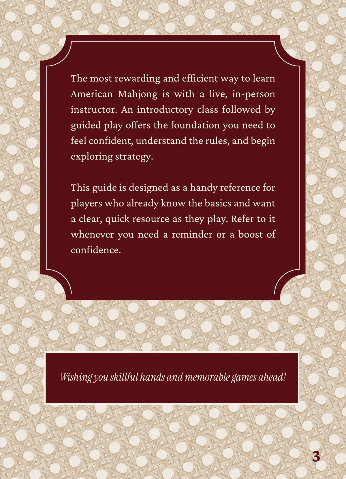 English edition page 3, an introduction recommending in-person lessons and describing the guide as a quick reference for play