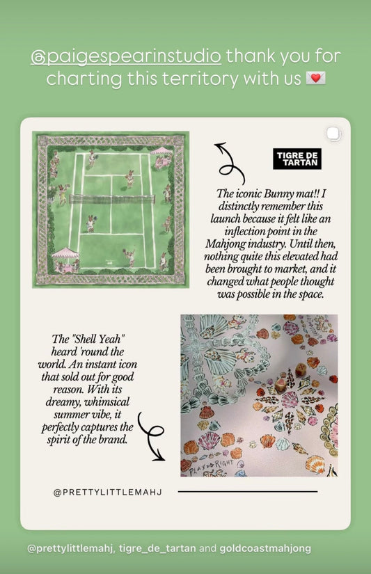 Pretty Little Mahj post featuring Tigre de Tartán Bunny Love gaming mat and Shell Yeah mat