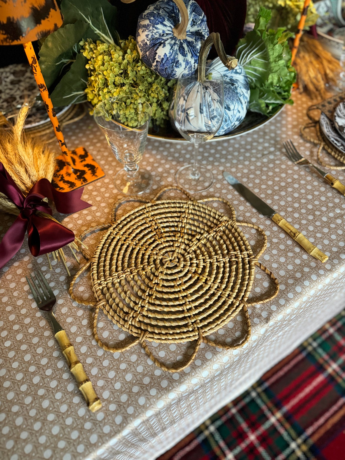 Sateen Cotton Tablecloth, Trompe L'oeil CANNAGE BLONDE