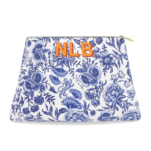 Roomy Leather Clutch- CHINOISERIE BLEU, CHOOSE YOUR MONOGRAM