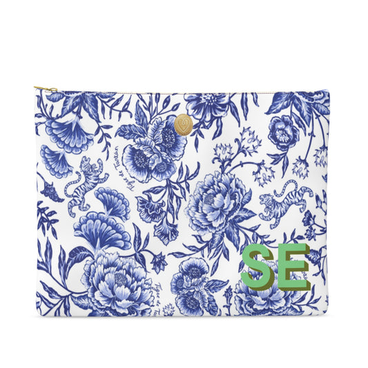 Medium Leather Pouch- CHINOISERIE BLEU, CHOOSE YOUR MONOGRAM