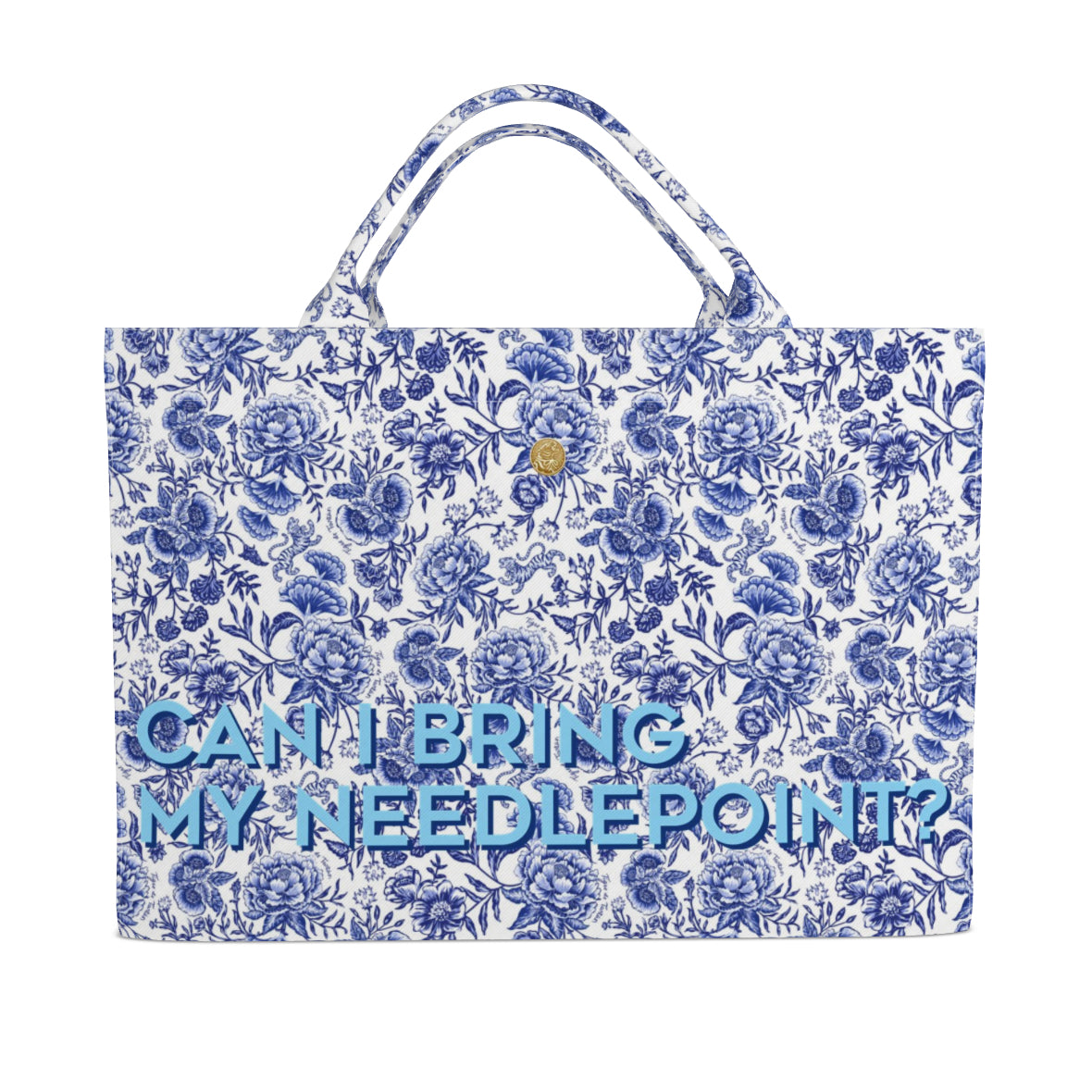 Jumbo Slouchy Denim Tote, Blue Canary Canvas x TDT, "CAN I BRING MY NEEDLEPOINT?" Cannage Blonde