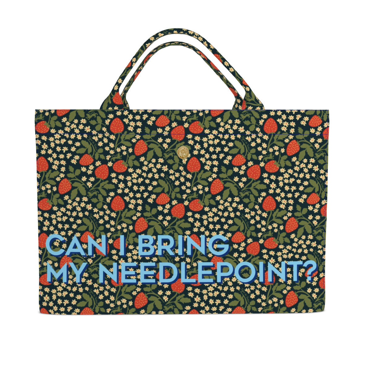 Jumbo Slouchy Denim Tote, Blue Canary Canvas x TDT, "CAN I BRING MY NEEDLEPOINT?" Cannage Blonde