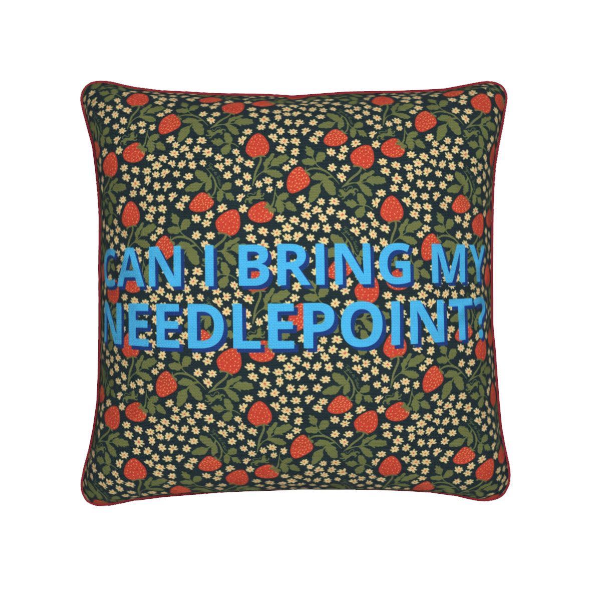 Blue Canary Canvas x TDT Throw Pillow, "CAN I BRING MY NEEDLEPOINT?"