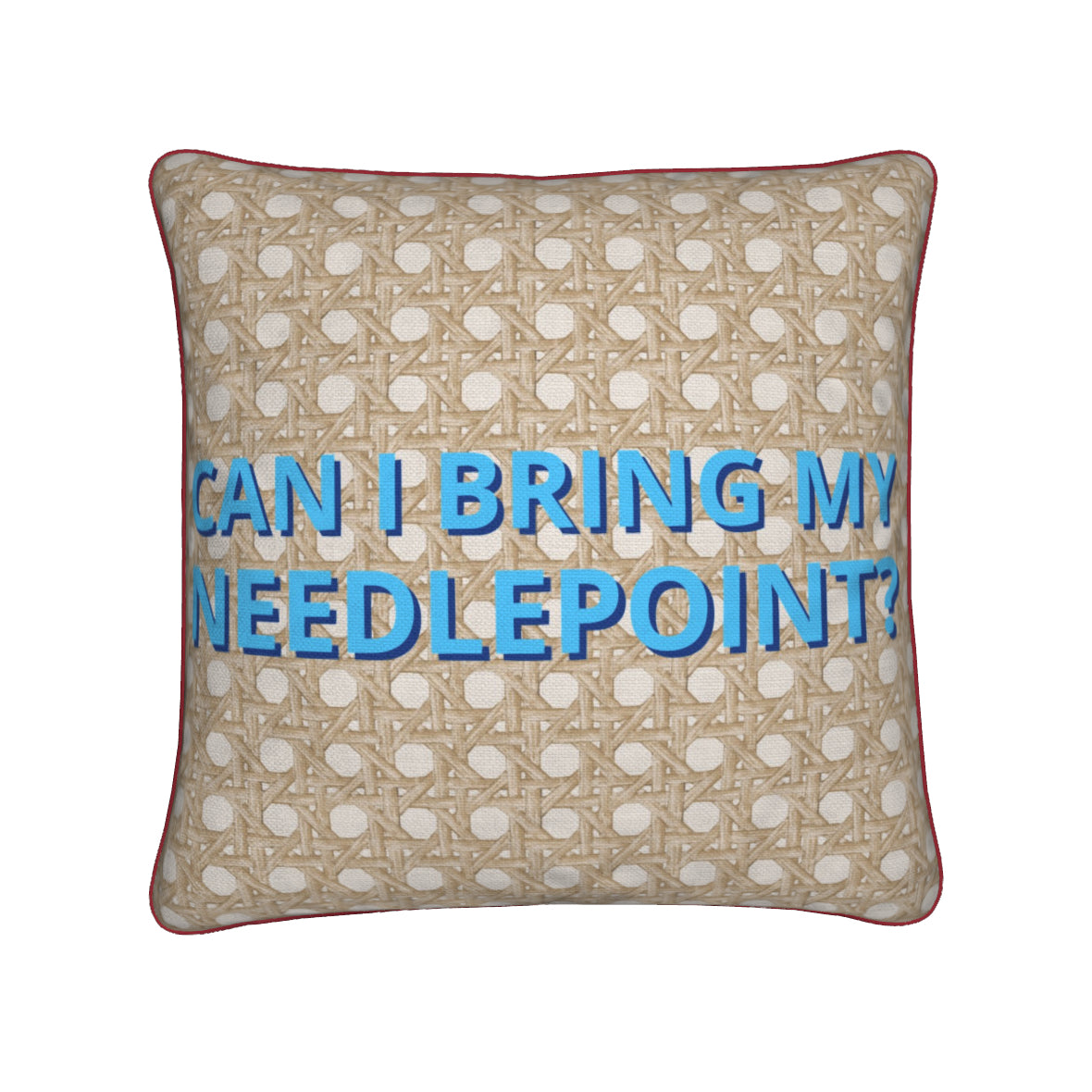 Blue Canary Canvas x TDT Throw Pillow, "CAN I BRING MY NEEDLEPOINT?" Cannage Blonde