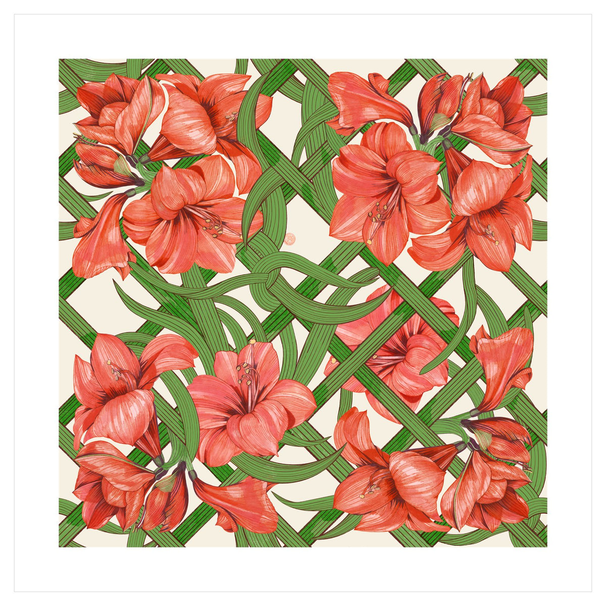 Estate Sale mahjong mat design: coral-red amaryllis blooms on a green lattice trellis over a cream ground