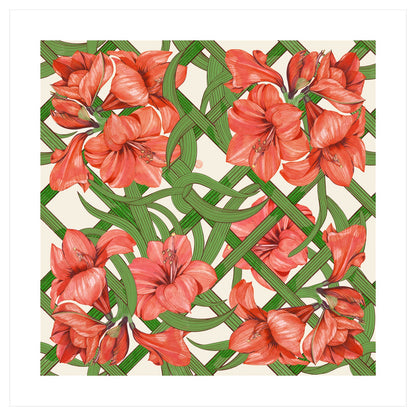 Estate Sale mahjong mat design: coral-red amaryllis blooms on a green lattice trellis over a cream ground