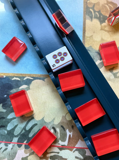 Marine Blue Beech Wood Scalloped Mahjong Racks with Pushers+ Custom Storage Bag — view 11 of 12