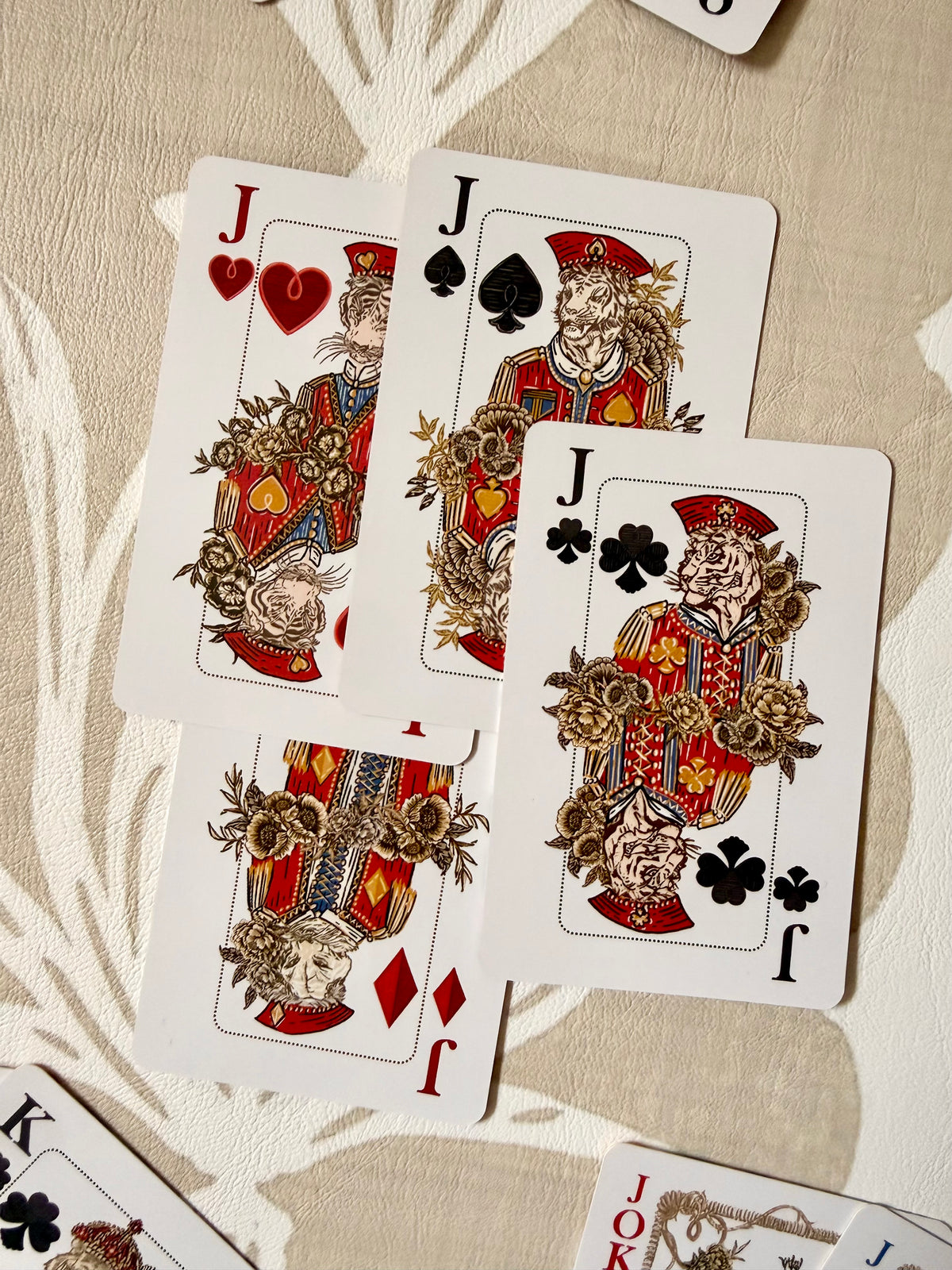 Four custom jack court cards from the Jardín de Los Jefes playing card set