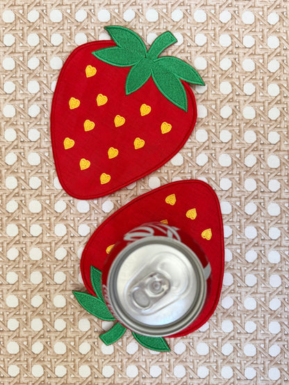 Embroidered Linen Cocktail Napkins- STRAWBERRY