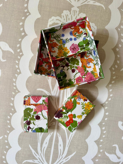 Open Jardín de Los Jefes floral gift box with two decks of playing cards in matching tiger-print tuck boxes