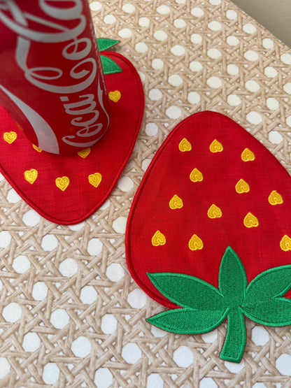 Embroidered Linen Cocktail Napkins- STRAWBERRY — view 4 of 4