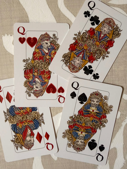 Four custom queen court cards from the Jardín de Los Jefes playing card set, illustrated with big cat and botanical details
