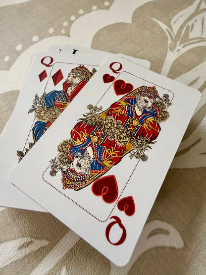 Queen of hearts and queen of diamonds from the Jardín de Los Jefes deck, custom big cat court card artwork