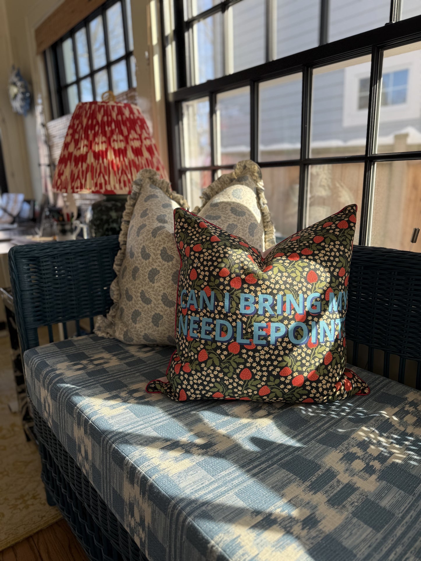 Blue Canary Canvas x TDT Throw Pillow, "CAN I BRING MY NEEDLEPOINT?"