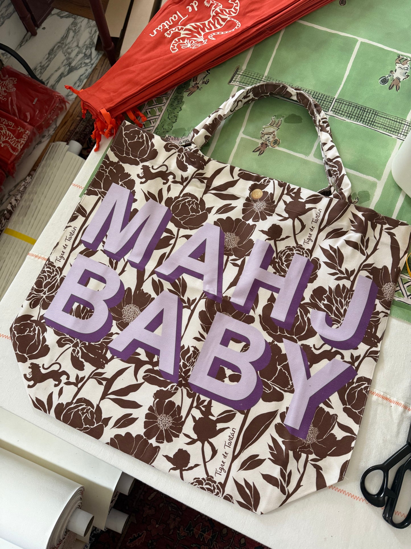 Jumbo Slouchy Denim Tote, MAHJ BABY COCONUT PEONY