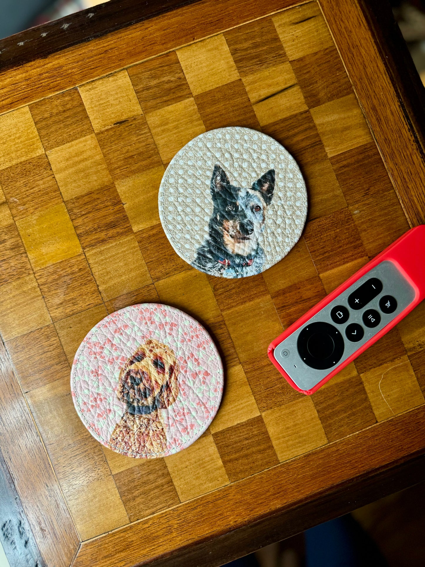 Custom Pet Coasters, HARDWOOD OR LEATHER, Set of 4