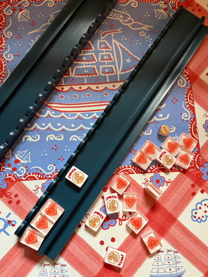 Marine Blue Beech Wood Scalloped Mahjong Racks with Pushers+ Custom Storage Bag — view 7 of 12