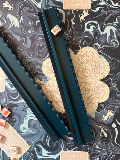 Marine Blue Beech Wood Scalloped Mahjong Racks with Pushers+ Custom Storage Bag — view 9 of 12