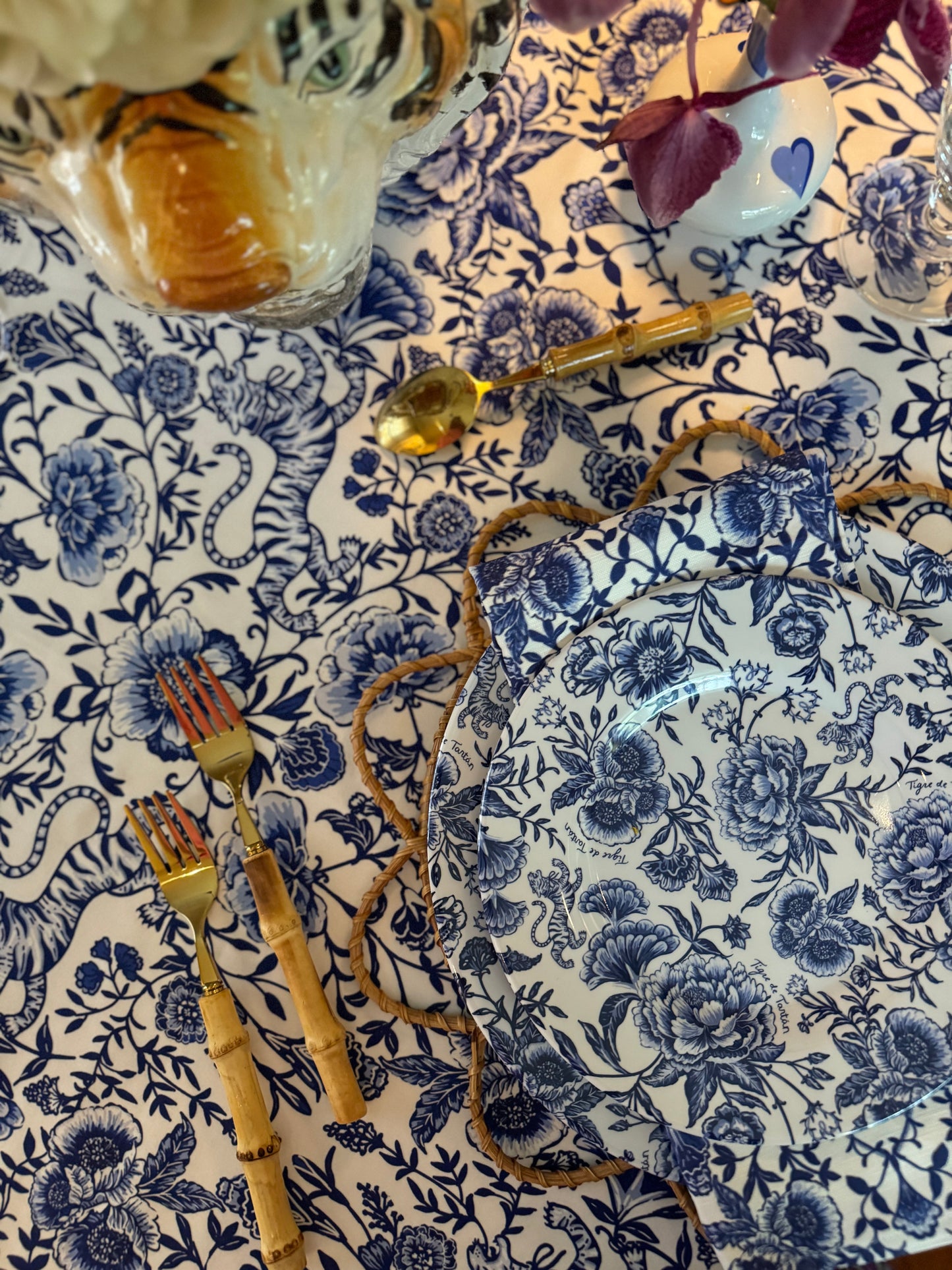 Sateen Cotton Tablecloth, Chinoiserie Bleu