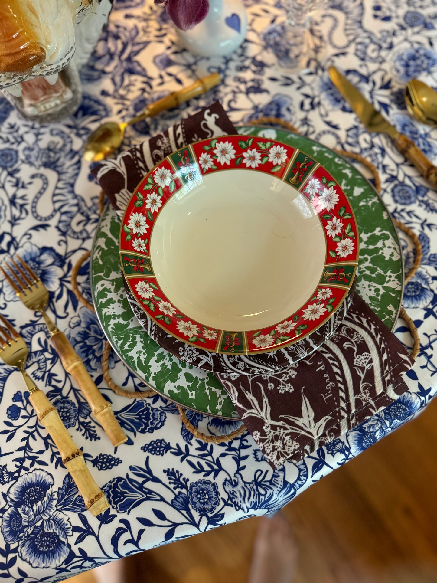 Sateen Cotton Tablecloth, Chinoiserie Bleu