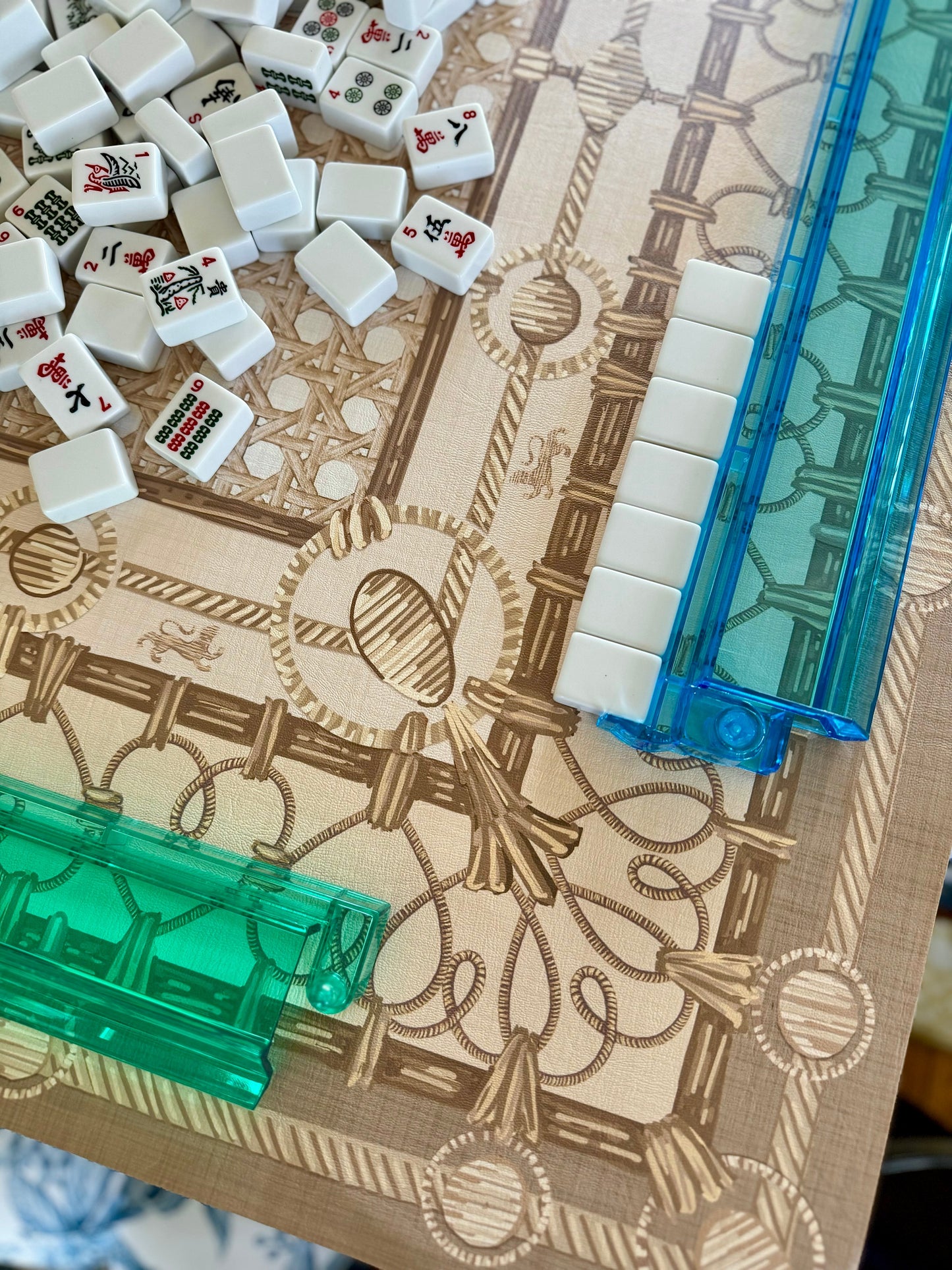 Mahjong Gaming Mat, Wicker Trompe L'oeil CHINOISERIE BLEU, CHOOSE YOUR MONOGRAM