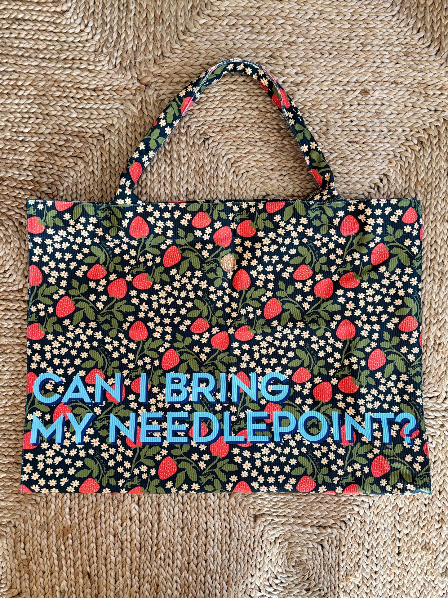 Jumbo Slouchy Denim Tote, Blue Canary Canvas x TDT, "CAN I BRING MY NEEDLEPOINT?" Cannage Blonde