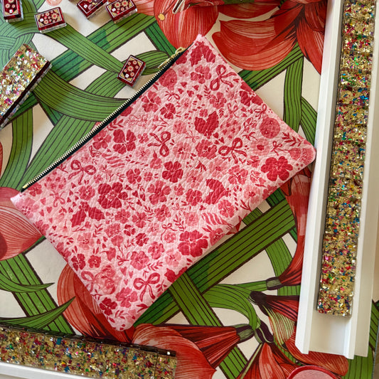 Medium Leather Pouch, DITSY CHRISTMAS, MARASCHINO