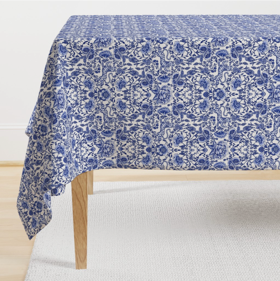 Sateen Cotton Tablecloth, Chinoiserie Bleu