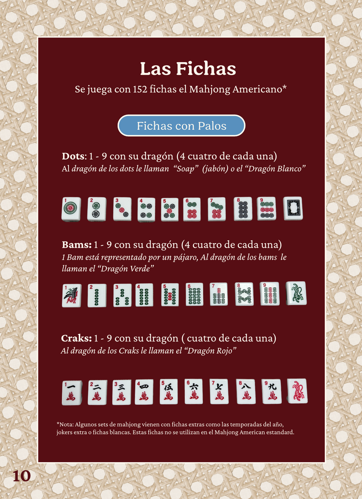 Spanish edition page 10, Las Fichas: dots, bams and craks suits illustrated with tiles and their dragons