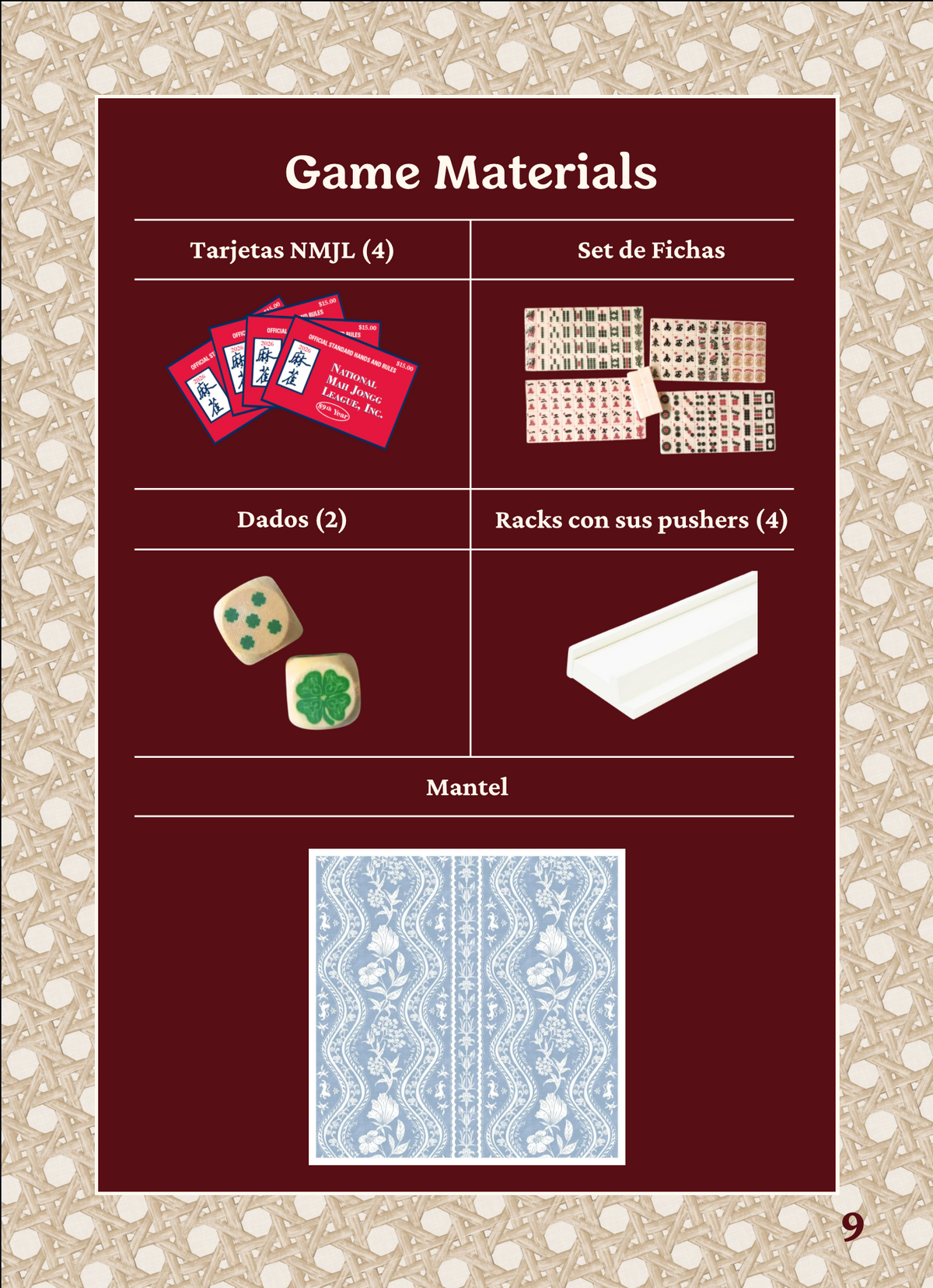 Spanish edition page 9, game materials: NMJL cards, tile set, dice, racks with pushers and a mat
