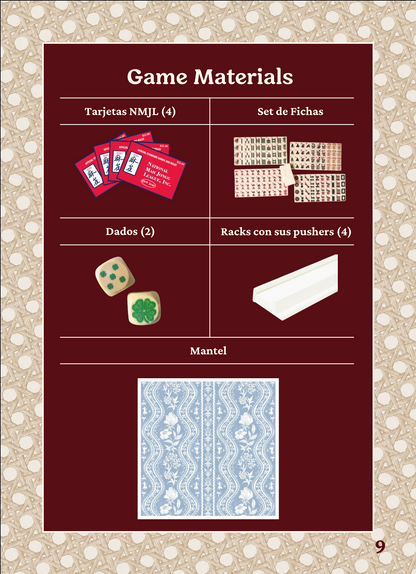 Spanish edition page 9, game materials: NMJL cards, tile set, dice, racks with pushers and a mat