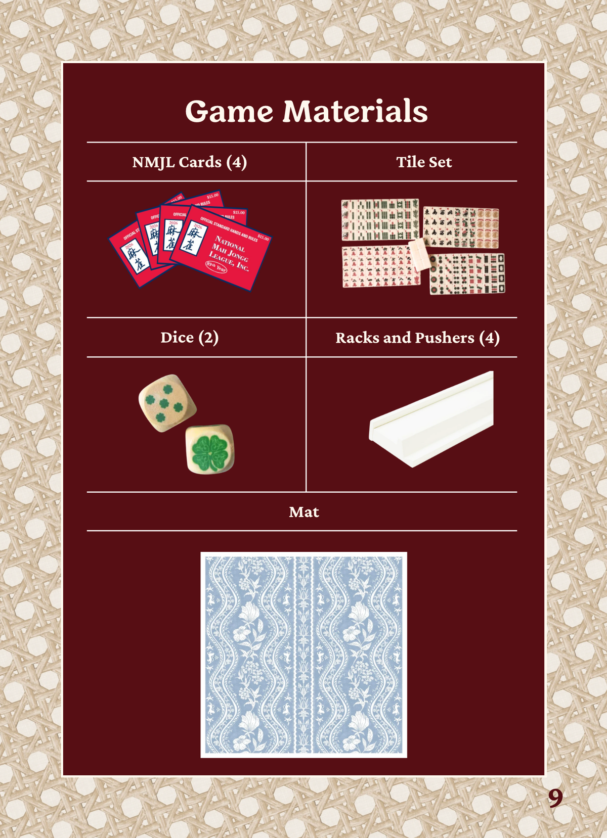 English edition page 9, Game Materials: NMJL cards, tile set, dice, racks and pushers, and a mat