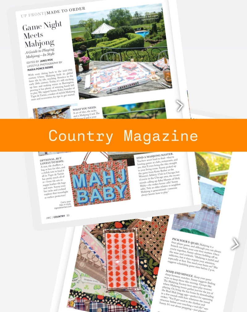 Country Magazine page headlined "Game Night Meets Mahjong", showing the MAHJ BABY tote and printed mats