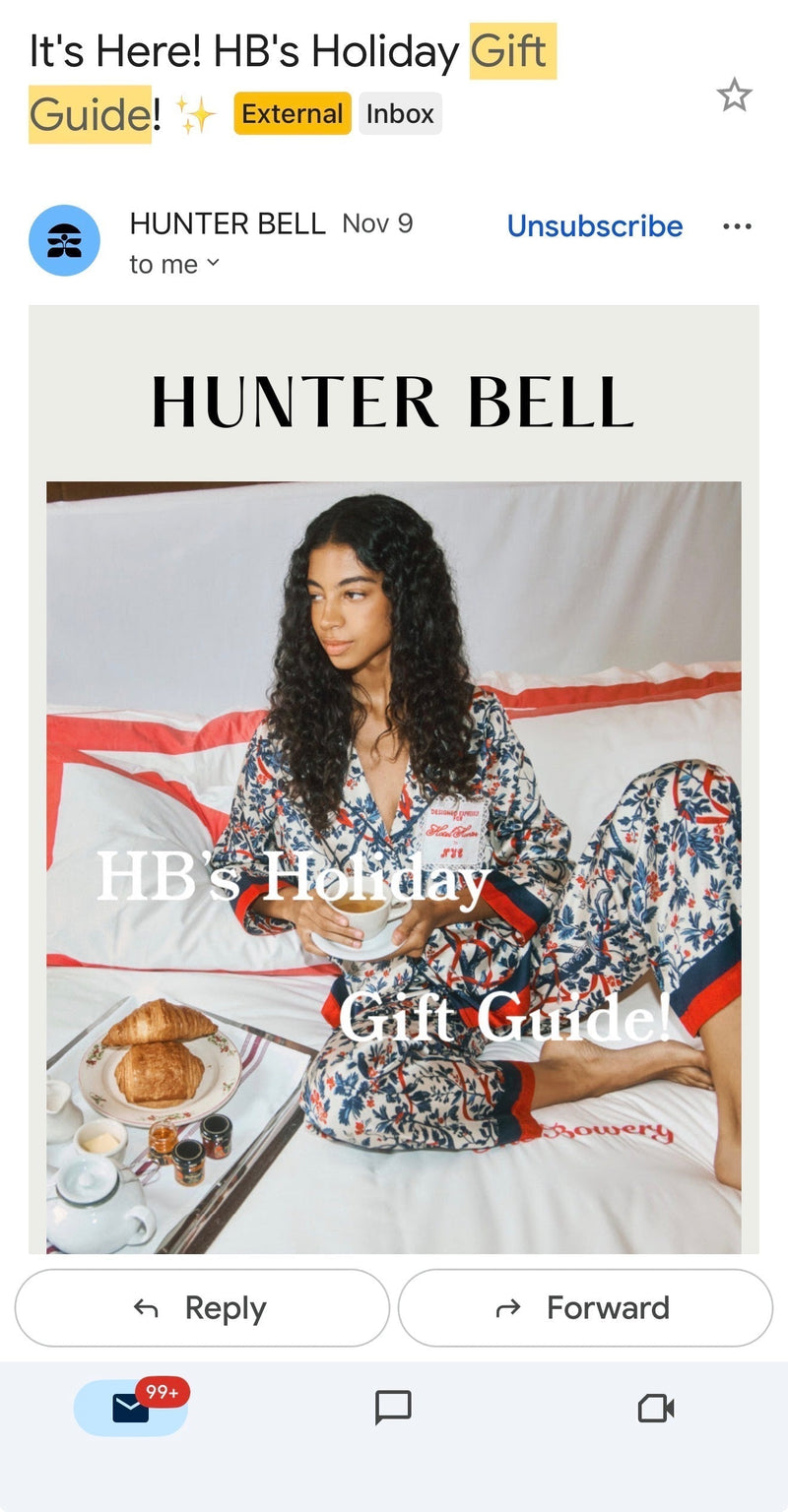 Hunter Bell's holiday gift guide email, featuring Tigre de Tartán