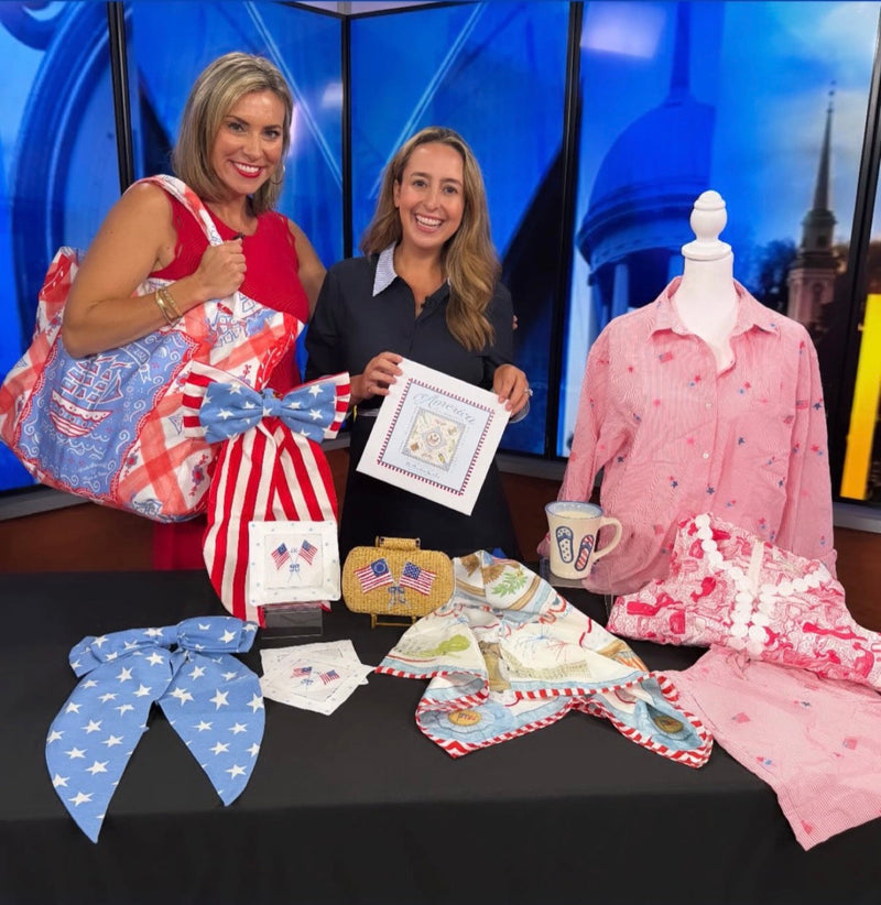 Patricia Mae Olson on 69 News with a Tigre de Tartán tote featuring Tricia Lowenfield's America 250th design