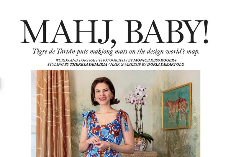 Sheridan Road magazine spread headlined "MAHJ, BABY! Tigre de Tartán puts mahjong mats on the design world's map"